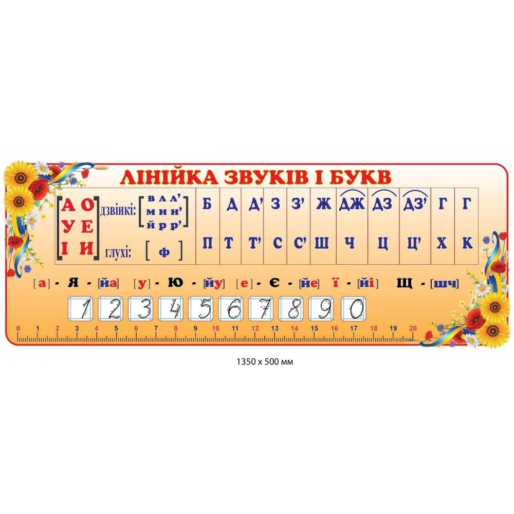 Стенд "Линейка звуков и букв" (бежевый фон, цветы по углам)